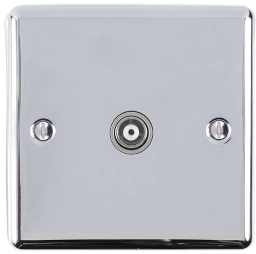 1 Gang Single TV Coaxial Aerial Socket - Chrome & Grey Female Wall Plate Outlet - Decorative Television Coax Face Plate