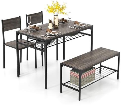 COSTWAY Esstisch Set 4-teilig, Küchentisch mit 2 Stühlen & 1 Bank & Regal, Essgruppe Sitzgruppe Industrie, Esszimmertisch Metallrahmen, Bartisch Set für Küche Esszimmer (grau)