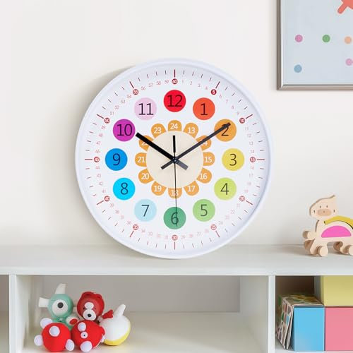 Warmiehomy Kinder Wanduhr Regenbogen Uhr Wand Groß 30cm Bunt Zahlen, Moderne Wanduhr ohne Tickgeräusche, lautlose Lernuhr, Geräuschlose Küchenuhren fürs Kinderzimmer Wohnzimmer Schlafzimmer Weiß