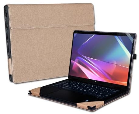 Cover Case for HP Envy x360 2-in-1 Laptop 14-FA 14z-FA & 14-fc 14t-fc &for HP Spectre x360 14-EU 14t-EU,PU Leather Protective Sleeve with Foldable Cooling Bracket (Champagne Gold)