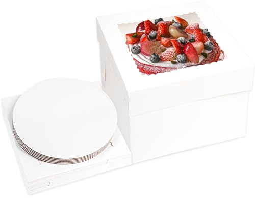 CIMOYBAI 5 Stück Tortenschachtel mit Tortenbrett für Stufenkuchen, 25.4 * 25.4 * 20.3cm Tortenkarton, Weiß Tortenbox Kuchenbox Cake Boxe für Geburtstag Dessert