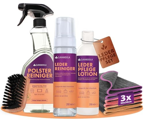 Lavandola Lederpflege Set - 1x Leder Reiniger 200ml, 1x Leder Pflege Lotion 200ml, 1x Polsterreiniger 500ml, 3X Mikrofasertücher, 1x Lederbürste - Lederreiniger Auto, Lederpflege für Ledercouch