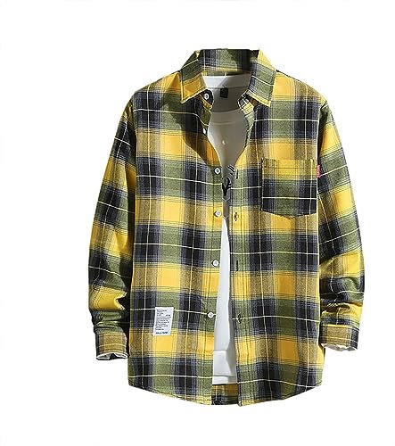 Générique 2024 - Chemise imprimée décontractée pour Hommes Automne et Hiver Chemise à Carreaux à Simple Boutonnage à Manches Longues Chemise en Coton Lourd (YE1, M)