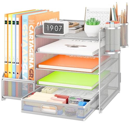 VITVITI Schreibtisch Organizer, 5 Ebenen Briefablage mit Schubladen, Aktenhalter mit 2 Stiftehalter, Büro Organizer mit Stehsammlere, Bürobedarf für A4 Dokumentenablag (Silber)