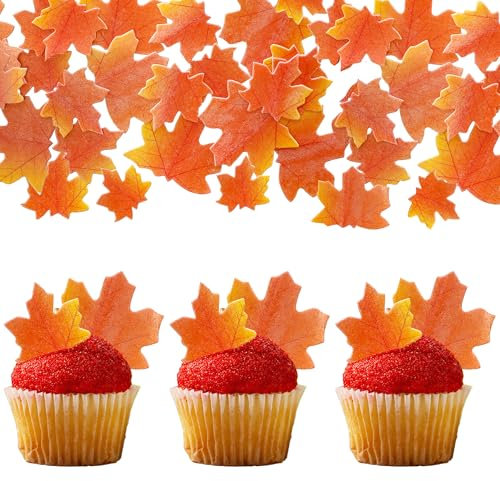 Gyufise 50Pcs Edible Fall Leaves Cupcake Toppers Gold Leaf Cake Toppers Autumn Maple Leaves Wafer Rice Paper Cake Decorations for Thanksgiving Wedding Birthday Party Cake Decorations Brown