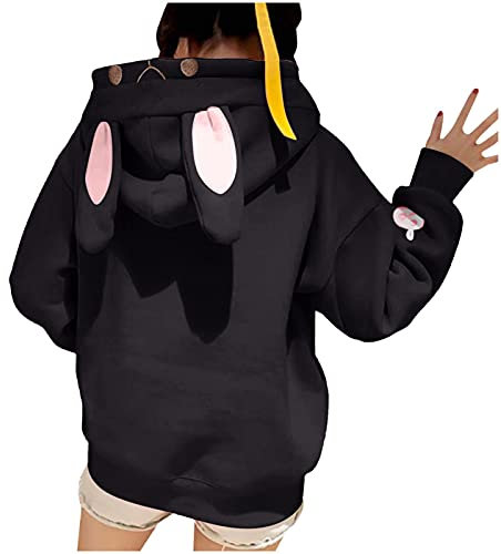 Hasen-Kapuzenpullover mit Ohren zum Binden und Hasenohren, Kapuzenpullover mit Ohren, Kaninchen-Druck, Baggy-Anime-Hoodies für Teenager, Damen, solide Kapuze, Grafik, niedlich, lose Tasche, Tier,