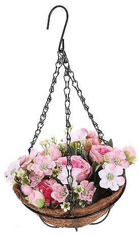 PRETYZOOM Cesta Colgante Artificial de Flores de Peonía de Palma de Ligera Fácil de Instalar Adecuada para Decoración al Aire 1 Pieza