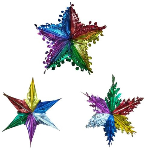 Set of 3 Christmas Foil Hanging Decoration - 3D Star Snowflake Stars Ornament, multi-coloured, 40cm - for Xmas Party Wall, Door and Ceiling Hanging Decorations Xmas Tree Decorations