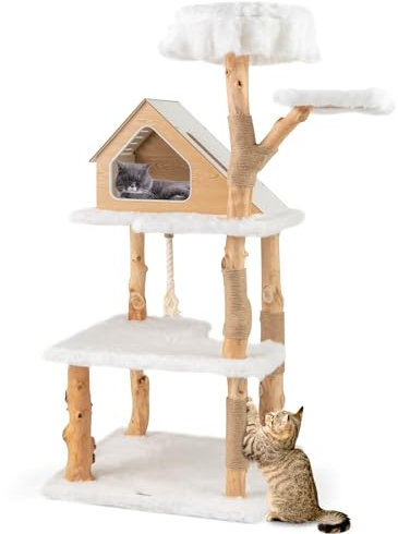 COSTWAY Kratzbaum Holz, 150 cm hoch, Katzenbaum mit Katzenhöhle & Plattformen, Kratzsäulen aus Jute & Sisalseil, Katzenkratzbaum, Kletterbaum für Katzen, Katzenmöbel Massivholz, Weiß