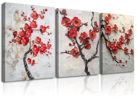 Piy Painting Peinture Murale Fleur De Prunier, Art Mural Sur Toile, Impression Sur Toile Fleur Rouge, Affiches Décorationt Branche d'Arbre Pour Chambre à Coucher Salon Salle De Bain Café, 3x30x40 cm