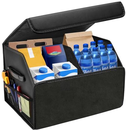 VHUTOU Organizador de Coche para Almacenamiento, 40L Organizador de Maletero de Coche, Caja de Almacenamiento de Cuero Plegable, Bolsa Antideslizante para Maletero para todos vehículos(Negro)