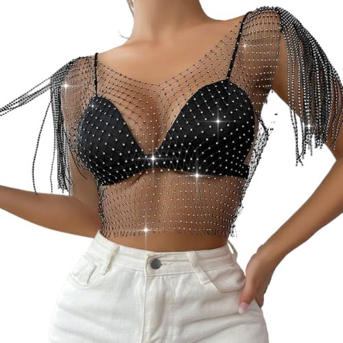 XYTAHDM Catena per il corpo in maglia di cristallo cavo con strass nero Gioielli per il corpo lucidi Accessori per il corpo per donne Ragazze Night Club Festival