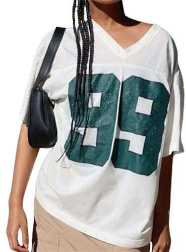 ensswliz Jersey Shirts for Women Y2k Oversized Number Graphic Tees V Neck Casual Jersey Summer Sporty Aesthetic Preppy Streetwear (A-White, L)
