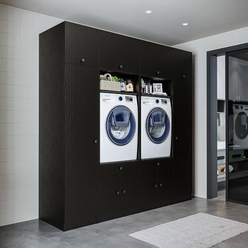 ROOMART Schrankwand für Waschküche & Hauswirtschaftsraum – 224 cm – Hochschrank mit Ausziehbrett – Waschmaschinenumbauschrank & Stauraumregal (Schwarz-Eiche, V1 : 224 x 230 x 67 cm (B x H x T))