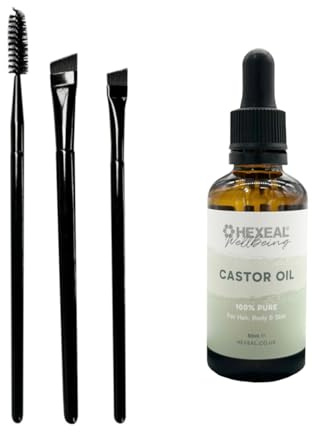 Hexeal Castor Oil 50ml with 3 Pack of Brushes – 50ml Bottle Of 100% Pure, Cold Pressed, Food Grade Castor Oil - Natural Moisturiser for Hair, Eyelashes, Eyebrows, Skin & Nails