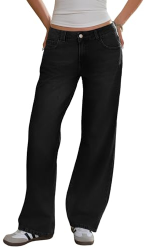 Fisoew Jean baggy pour femme - Jambes larges - Taille haute - Coupe droite - Pantalon en denim, Noir , 34