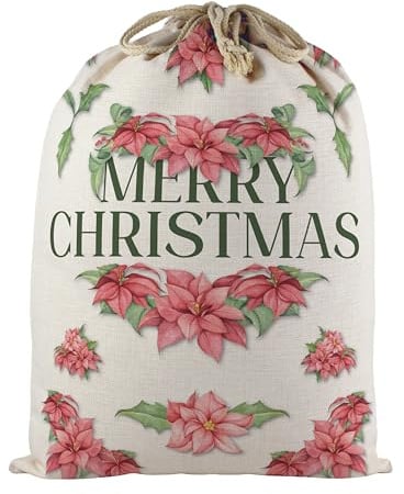 Reusable Christmas Santa Sack - Extra Large Fabric Stocking Present Bag for Xmas Gifts with Drawstring Ties - Poinsettia Flowers