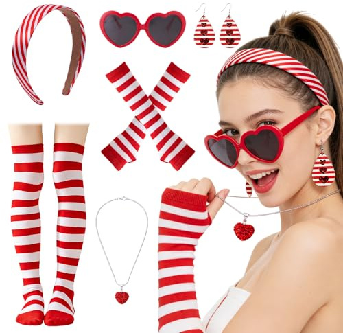 Karnevalskostüm Damen, Köln Karneval Kostüm - Ringelsocken Rot Weiß + Stulpen + Haarreif + Ohrringe + Kette + Sonnenbrille, Rot Weiß Karneval Accessoires für Popcorn Kostüm & Faschingskostüm Damen