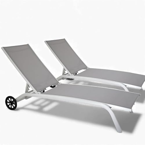 Yellowshop – Coppia di Lettini Prendisole in Alluminio e Textilene Elly, Reclinabile 5 Posizioni, con Ruote, Impilabile – Lettino da Giardino, Piscina, Mare, Bianco