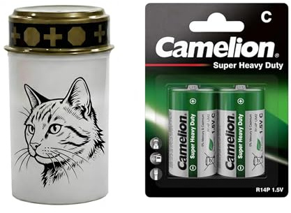 Fachhandel Plus LED Grablicht Katze, batteriebetriebenes Gedenklicht mit flackernder LED Flamme als sicherer Grabschmuck für Tiergrab und Gedenkplatz - ewiges Licht (Weiß, Katzenkopf)