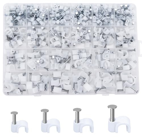 360 Pcs Grapas para Cables Pared, Clips para Cables con Clavos Fuertes, Sujeta Cable para Ethernet, Eléctricos, línea telefónica y USB TV (M4, M6, M8, M10, blancos)