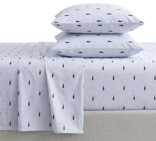 Nautica - 4PCS,Queen Sheet Set, Cotton Percale Bedding Set, Crisp & Cool, Lightweight & Breathable (Whale Stripe Blue, Queen)