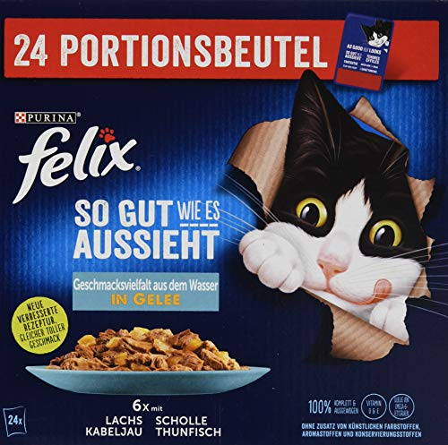 FELIX Katzennassfutter So gut wie es aussieht in Gelee Geschmacksvielfalt aus dem Wasser, 1er Pack (24 x 85g) Portionsbeutel