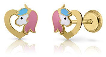 Orecchini oro 18k o 9K bambina unicorno smaltato a mano, misura gioiello 7,5 x 8 mm, con chiusura di massima sicurezza a vite. Scegli il tuo stile., Oro giallo