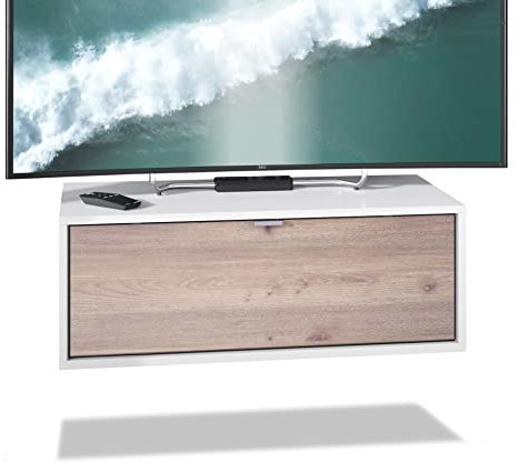 Vladon TV Board Lana 80 Hängeschrank Lowboard 80 x 29 x 37 cm, Made in Germany, Korpus in Weiß matt, Fronten in Eiche Nordic | Große Farbauswahl