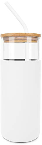 Tumbler avec paille et couvercle, bouteille d'eau en verre avec étui en silicone et couvercle en bambou, sans BPA - 450 ml - Blanc
