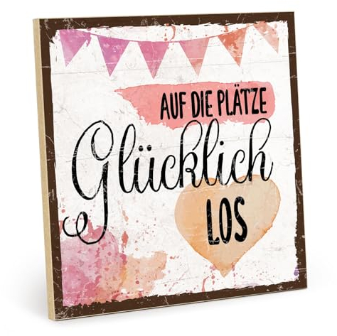 TypeStoff Holzschild mit Spruch – glücklich – im Vintage-Look mit Zitat als Geschenk und Dekoration zum Thema Jetzt und genießen - HS-00758