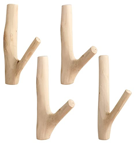 IWILCS Natürliche Holz Haken, 4 Stück Holz Vintage Kleiderhaken, Handgemachte Wandhaken,Naturholz Wandhaken Garderobenhaken für Mantel Schlüsselhalter Kindergarderobe(Breite 2-3 cm, ohne Löcher)