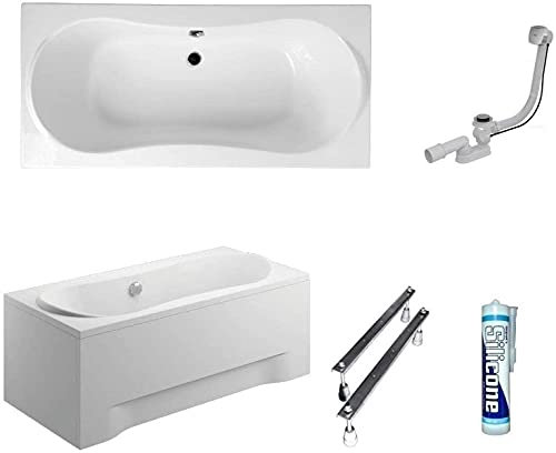 ECOLAM Baignoire rectangle Long Polimat 180x80 cm | tablier en acrylique | pieds siphon + silicone | Set complet