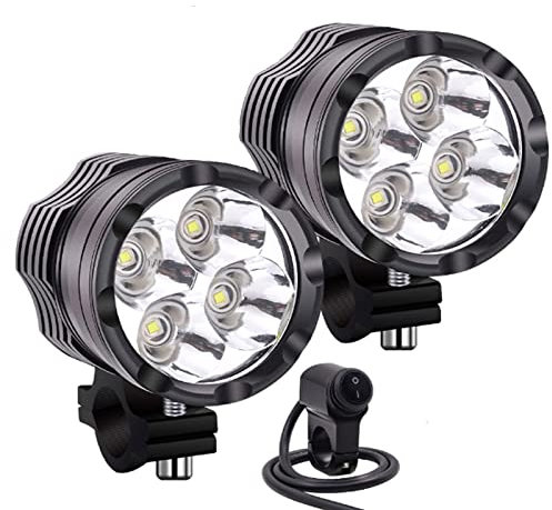 Biqing Ronds Feux Additionnels Moto,4LED Moto Phare Projecteurs 3600LM 12V/24V Feux de Brouillard Supplémentaires avec Interrupteur étanche pour Motos 22mm(2PCS)