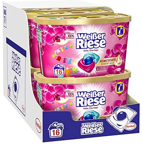 Weißer Riese Color Trio-Caps Aromatherapie Essentials 128 (8x 16) Waschladungen, Waschmittel mit Orchidee & Macadamiaöl, pflegendes Colorwaschmittel mit ätherischen Ölen, die zu 100% natürlich sind
