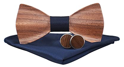 Mr.Van Hölz Fliege Herren Klassische, Handgearbeitetes Holzfliege Set Mit Natürlicher Hölzerner Krawatte für Hochzeiten, Aufführungen, Abschlussball (Mit Manschettenknöpfen Und Taschentuch)