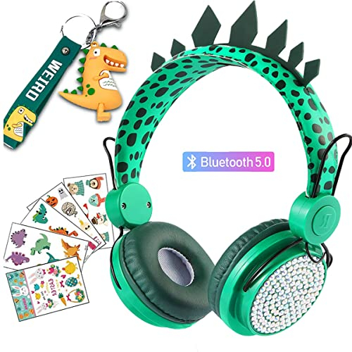 Dinosaurio Auriculares Niños Inalambricos con Luz LED,Límite de Volumen de 85dB Auriculares Bluetooth Niños, Auriculares Diadema Niños con Micrófono,Cascos Niños para PC/IPad/Estudio/Viaje Regalos