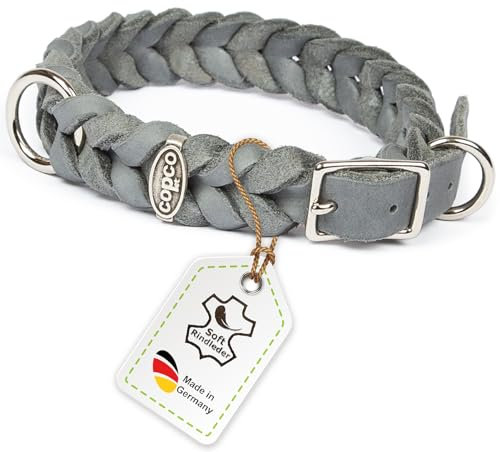 CopcoPet Hundehalsband aus Fettleder 30–34 cm x 15mm Grau – Geflochtenes Lederhalsband – verchromt mit Dornschließe – Robust & verstellbar – Für kleine Hunde, ideal für Alltag & Training