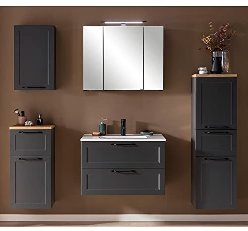Lomadox Badmöbel-Set 5-teilig in dunkelgrau, mit 80 cm Waschtisch Spiegelschrank Midischrank Hängeschrank Badschrank, B/H/T ca. 200/200/47 cm