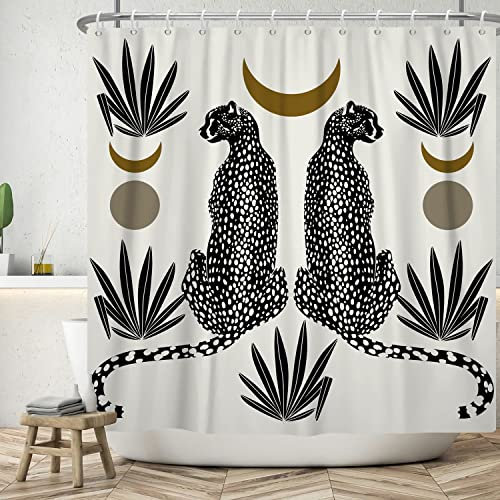 Ttincceer 183x213cm Rideau de Douche Léopard Noir Abstrait du Milieu du Siècle - Ensemble Feuille de Palmier, Lune - Bain/Baignoire Étanche avec Crochet