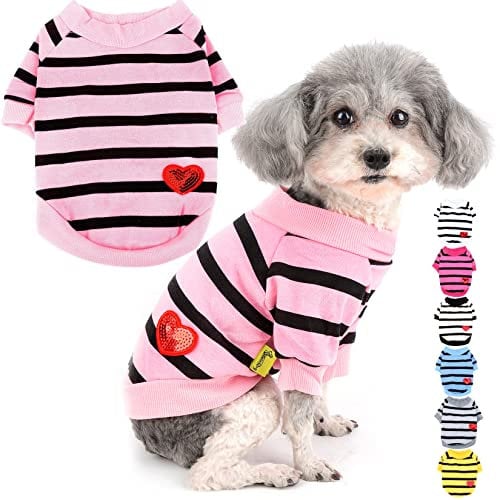 Zunea Dog Shirts for Small Dogs Summer Basic T-Shirt Striped Puppy Clothes Sequins Love Heart Sweatshirt Soft Cotton Short Sleeve Tee Shirt Pet Girl Boy Clothing Pullover Chihuahua Apparel Babypink XS