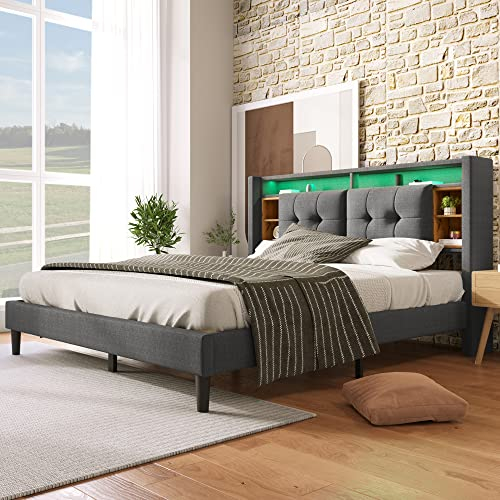 Merax Polsterbett 160x200cm mit LED-Beleuchtung und Aufladen USB, Doppelbett Bettgestell mit Lattenrost und Stauraum Kopfteil, Leinenmaterial, Erwachsenen Jugendbett, ohne Matratze, Grau