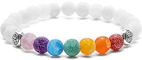 TINGN Chakra Perlen Armband Damen Männer, Natürliches Weißes Mattiertes Achat Armband 7 Chaka Armband Herren Stressabbau Yoga Perlen Angst Armband für Frauen Herren Geburtstagsgeschenk für Männer