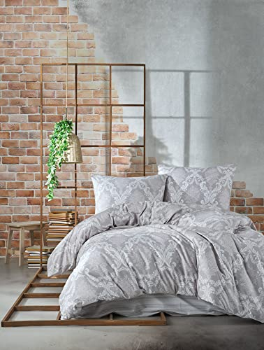 ZIRVEHOME Betttwäsche 135x200 cm. vierteilig Baumwolle Grau Zwei Bettbezug und Kissenbezug Weiß Barockmuster, Fiorita V2