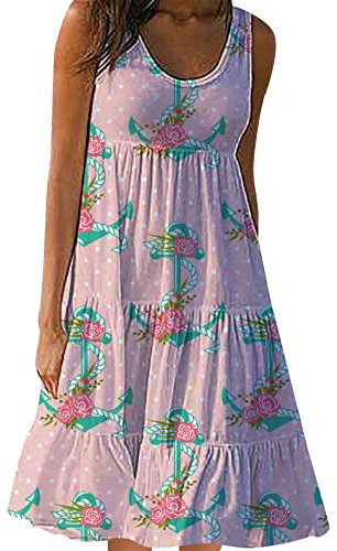 YMING Femmes Robe Superposée Taille Plus Robe Débardeur Bohème Décontractée Robe d'Été Midi à Col Rond Rose Poudre L