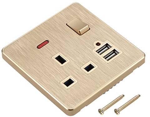 sourcing map UK Socket Switched Multi Power Outlet Dual USB Gold Tone PC Panel 250V 13A 88mm x 86mm