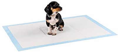lionto Welpenunterlagen, 6-lagige Trainingspads für Hunde mit Klebestreifen, 100 Stück 60x90 cm, auslaufsicher und strapazierfähig dank hoher Saugfähigkeit für kranke und inkontinente Tiere, blau/weiß
