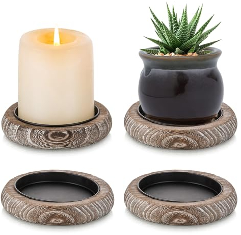 Inweder Wooden Candle Holders Pillar Candle holder: Set of 4 Whitewash Candle Plate Farmhouse Candle Holder Tray Small Rustic Candle Holder for Table Centerpiece Wedding Christmas Event Home Decor