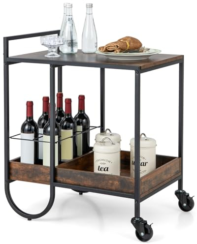 COSTWAY Kitchen Serving Trolley, Rolling Bar Cart with Lockable Casters & Removable Metal Wire Wine Rack, Industrial Drinks Storage Island for Restaurant Kitchen Dining Room