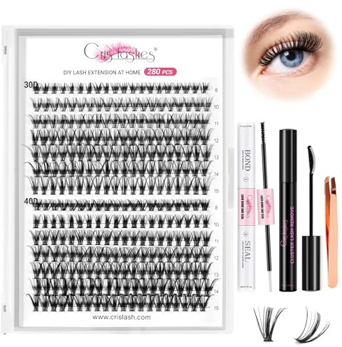 Crislashes Extension Cils Kit 280pcs DIY d'extension de Cils 30D+40D, Faux Cils Individuel D Curl de 8-15mm, Colle à Faux Cils un Dissolvant de Colle et une Pince à épiler Faux Cils (30D+40D)